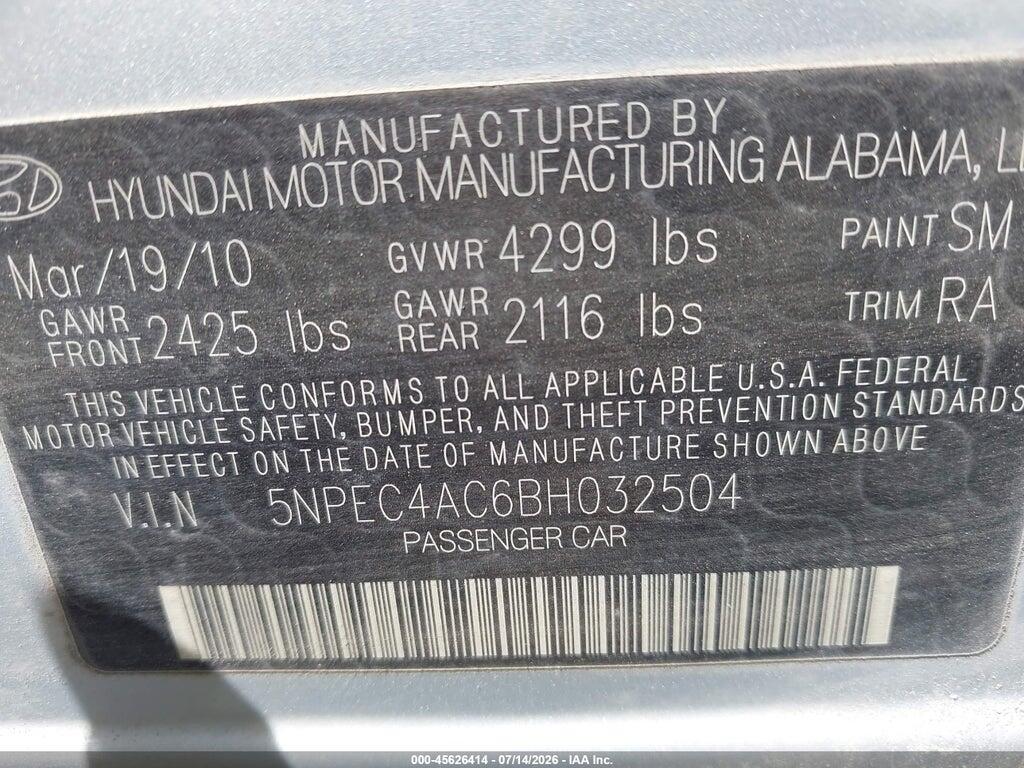 5NPEC4AC6BH032504 2011 HYUNDAI SONATA photo no. 9