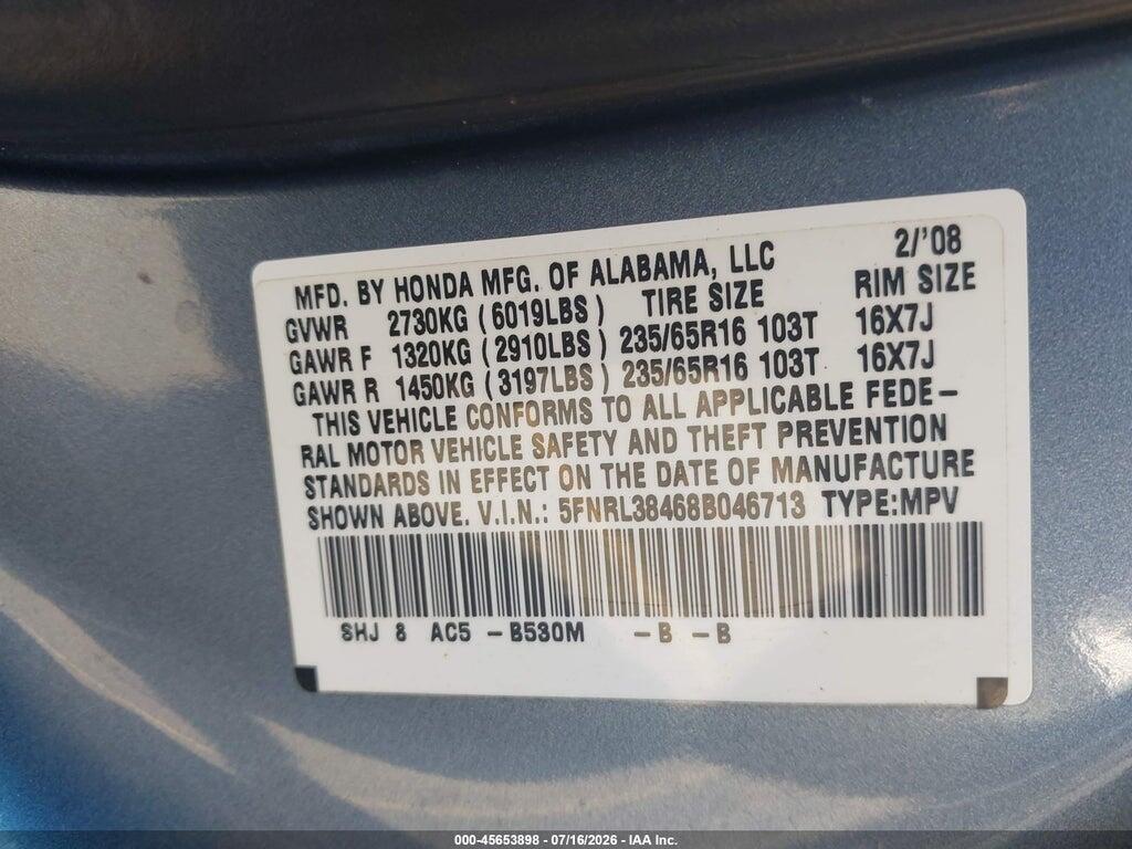 5FNRL38468B046713 2008 HONDA ODYSSEY photo no. 9