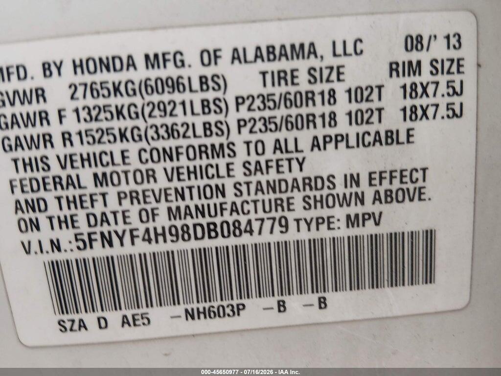 5FNYF4H98DB084779 2013 HONDA PILOT photo no. 9