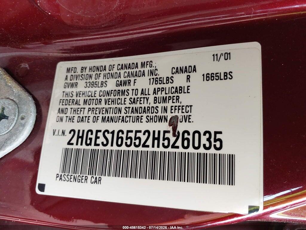 2HGES16552H526035 2002 HONDA CIVIC photo no. 9