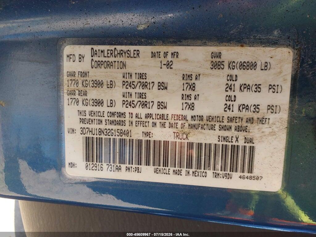 3D7HU18N32G158401 2002 DODGE RAM 1500 photo no. 9