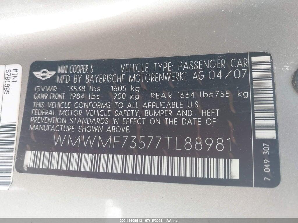 WMWMF73577TL88981 2007 MINI COOPER S photo no. 9