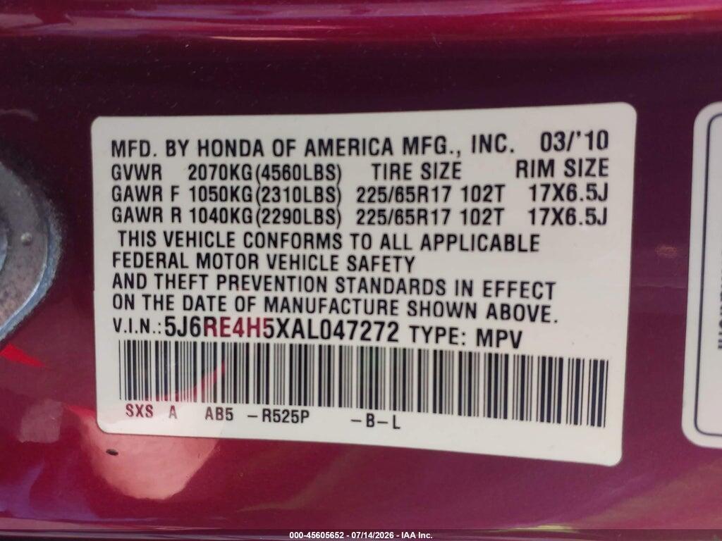 5J6RE4H5XAL047272 2010 HONDA CR-V photo no. 9