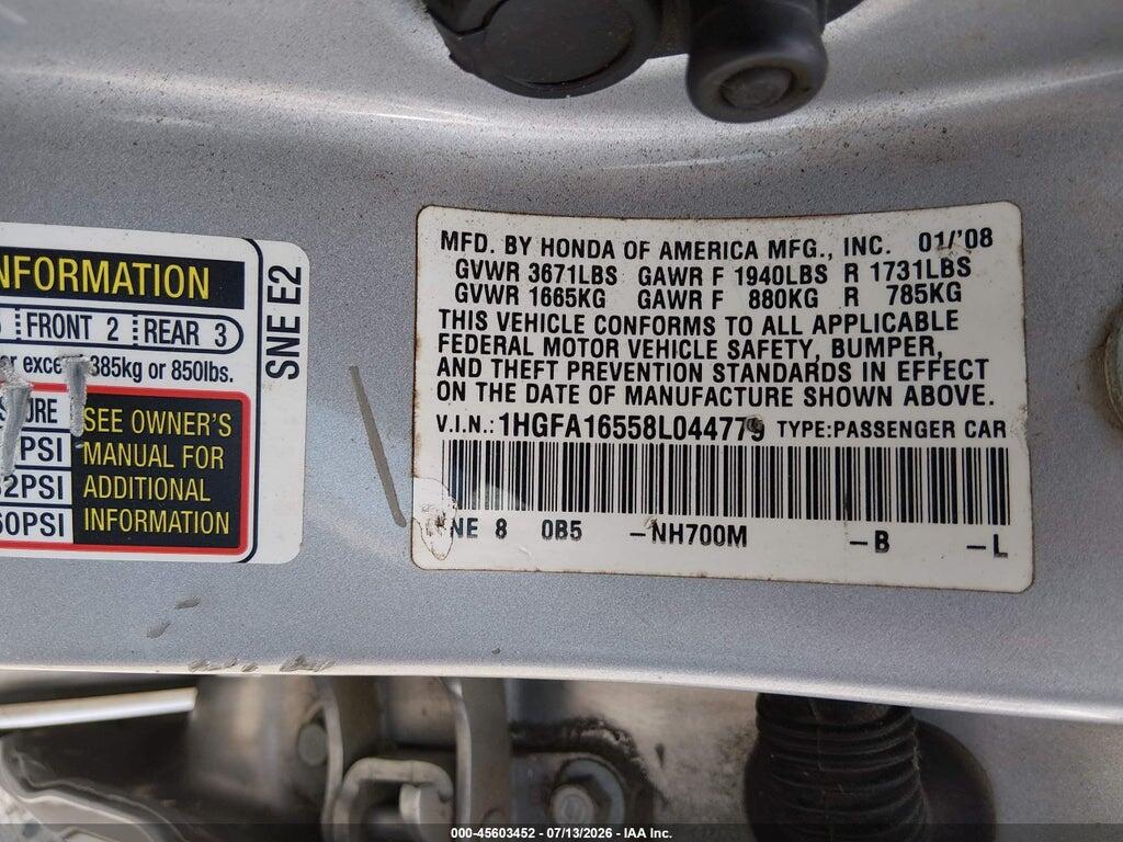 1HGFA16558L044779 2008 HONDA CIVIC photo no. 9