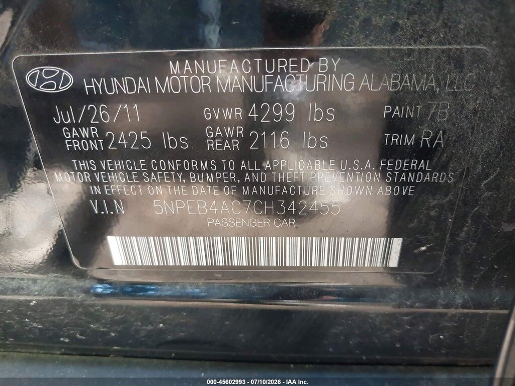 5NPEB4AC7CH342455 2012 HYUNDAI SONATA photo no. 9