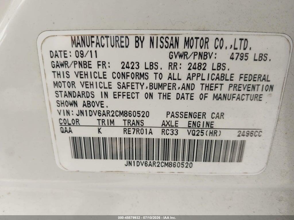 JN1DV6AR2CM860520 2012 INFINITI G25X photo no. 9