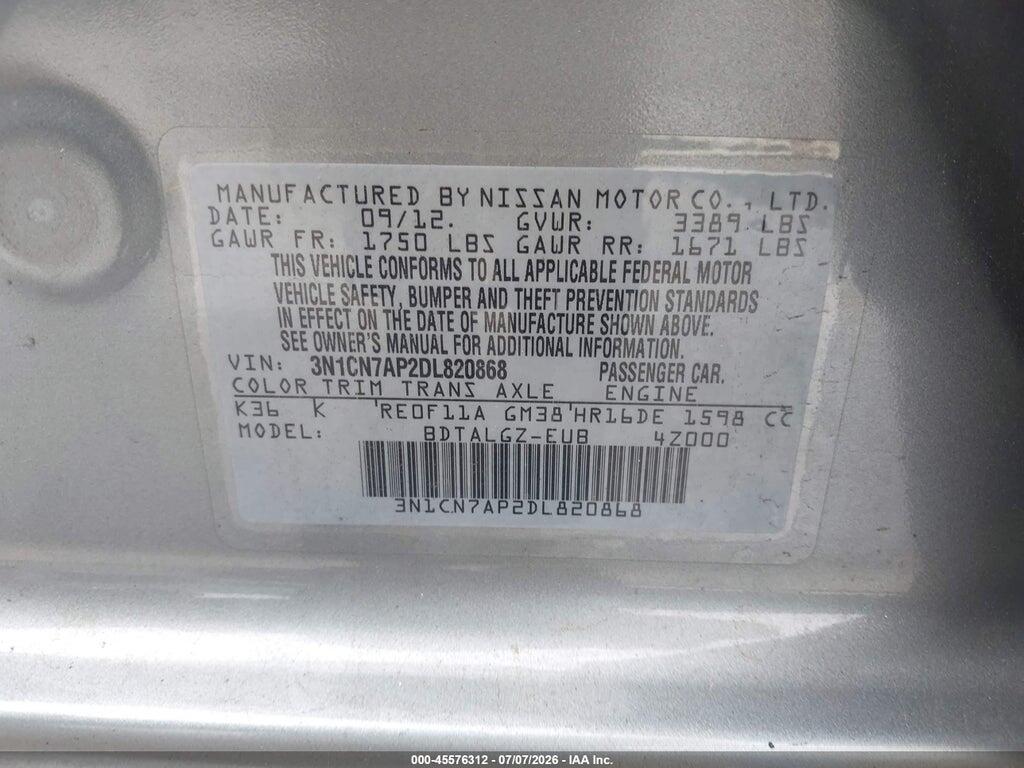 3N1CN7AP2DL820868 2013 NISSAN VERSA photo no. 9