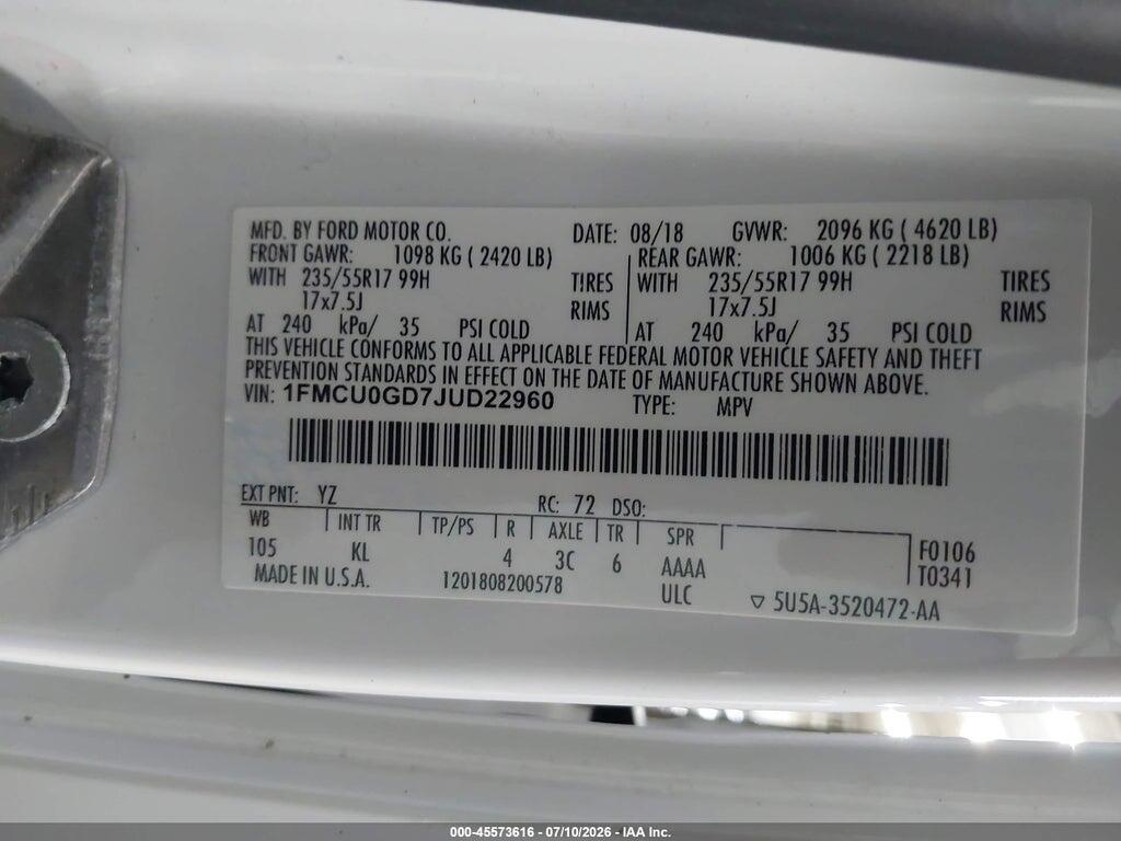1FMCU0GD7JUD22960 2018 FORD ESCAPE photo no. 9