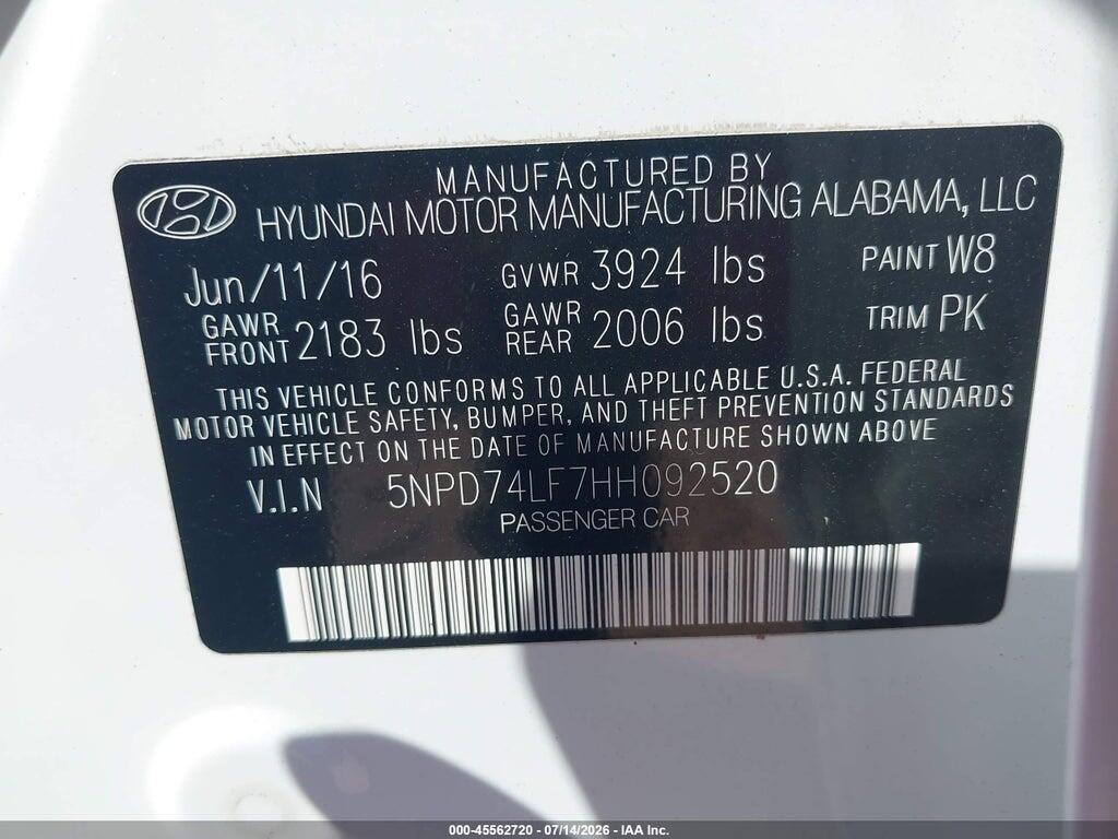 5NPD74LF7HH092520 2017 HYUNDAI ELANTRA photo no. 9