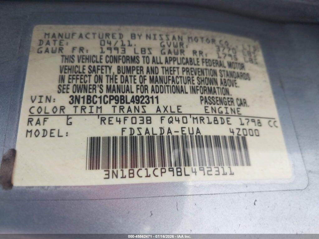 3N1BC1CP9BL492311 2011 NISSAN VERSA photo no. 9