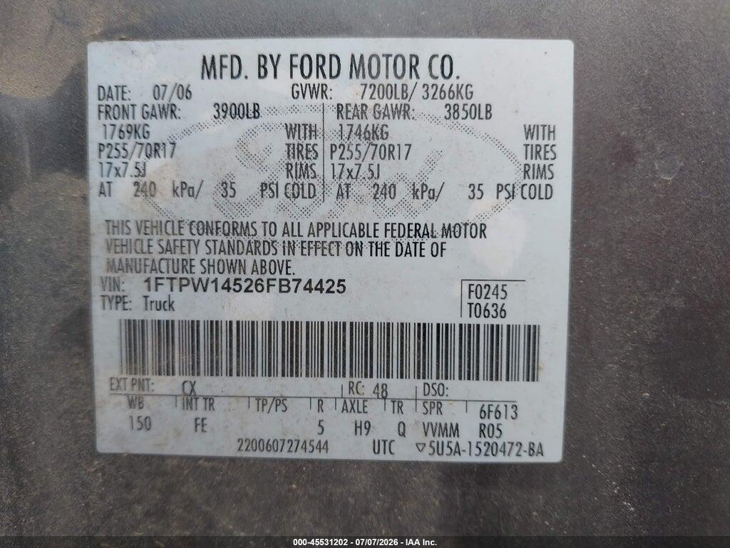 1FTPW14526FB74425 2006 FORD F-150 photo no. 9