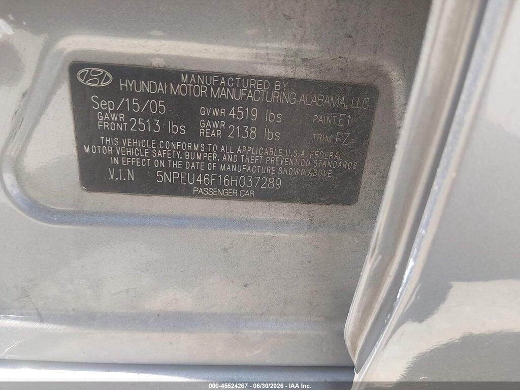 5NPEU46F16H037289 2006 HYUNDAI SONATA photo no. 9