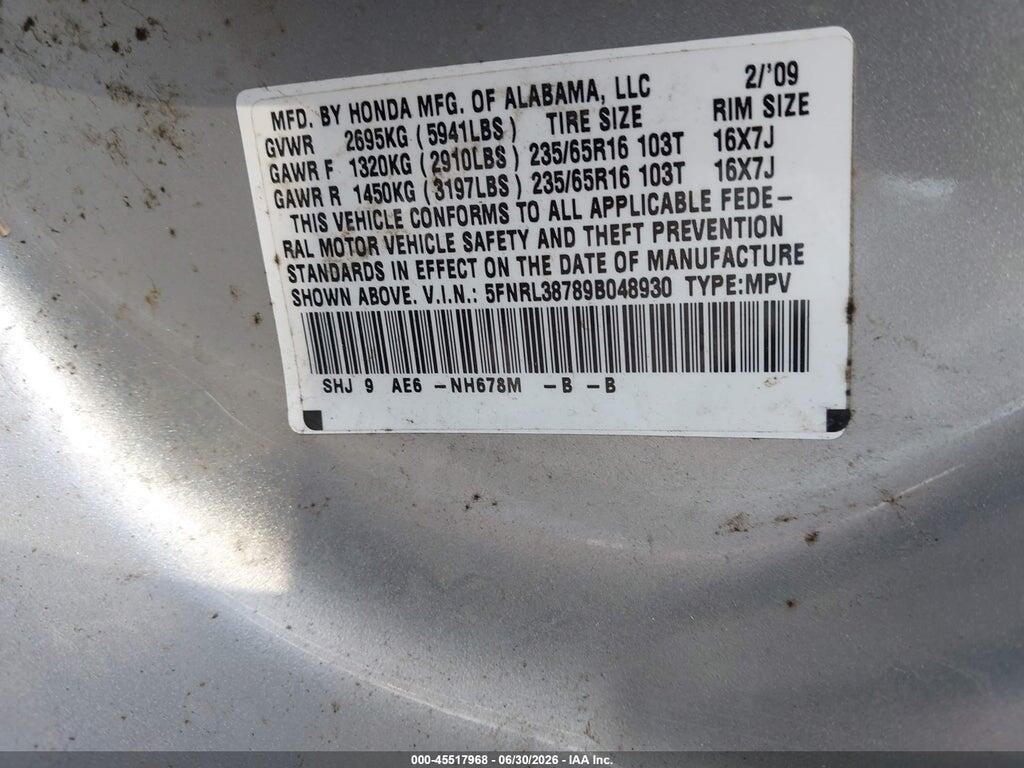 5FNRL38789B048930 2009 HONDA ODYSSEY photo no. 9
