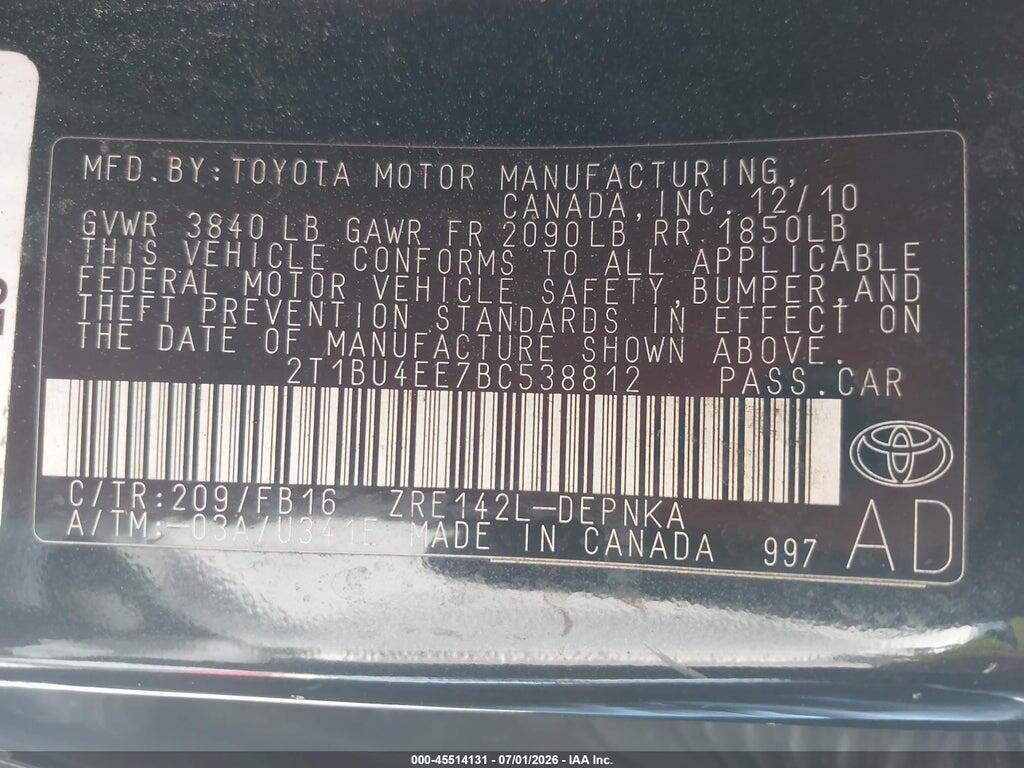 2T1BU4EE7BC538812 2011 TOYOTA COROLLA photo no. 9