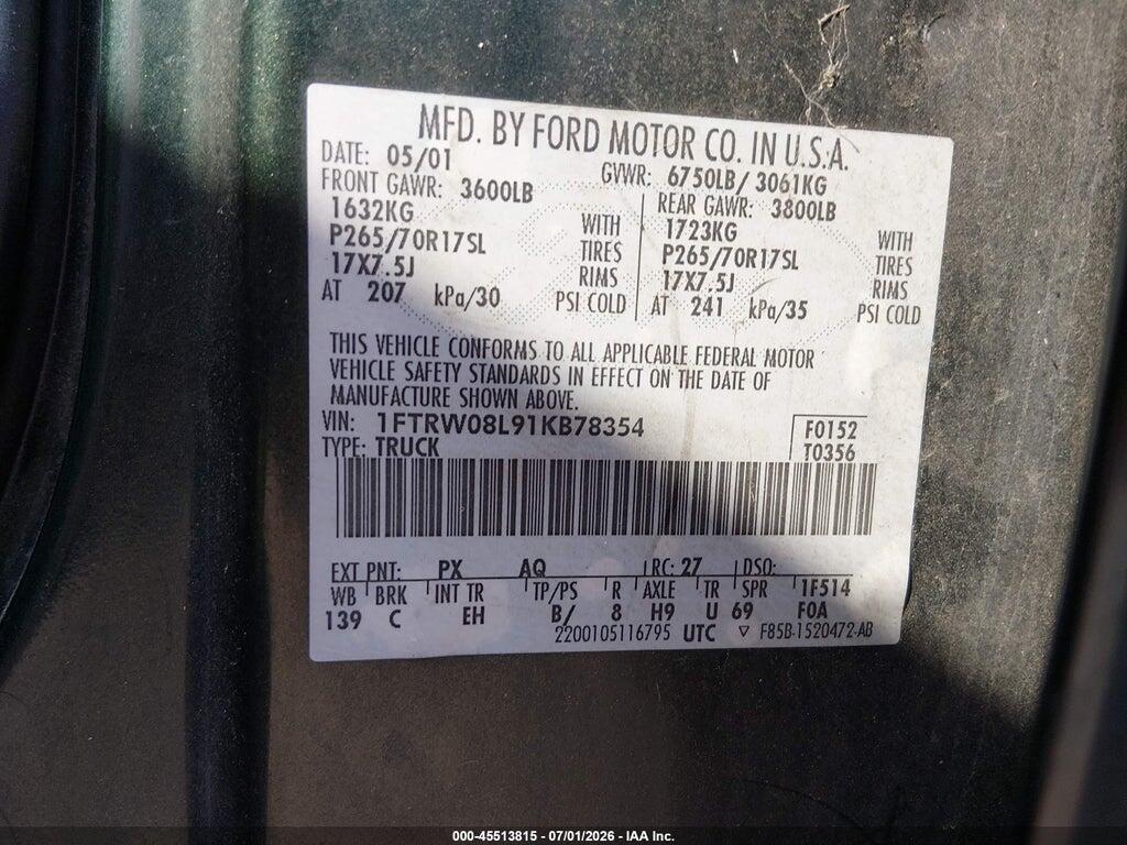 1FTRW08L91KB78354 2001 FORD F-150 photo no. 9