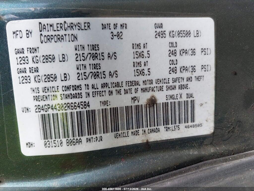 2B4GP44302R664584 2002 DODGE GRAND CARAVAN photo no. 9