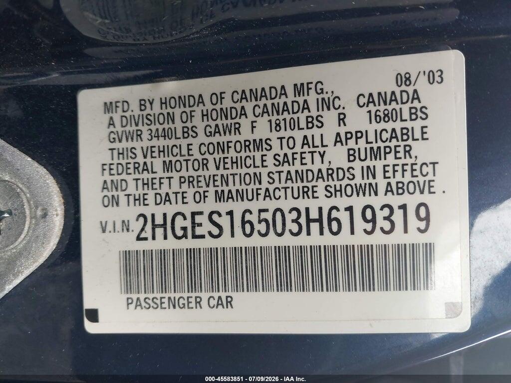 2HGES16503H619319 2003 HONDA CIVIC photo no. 9