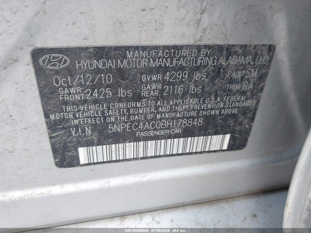 5NPEC4AC0BH178848 2011 HYUNDAI SONATA photo no. 9