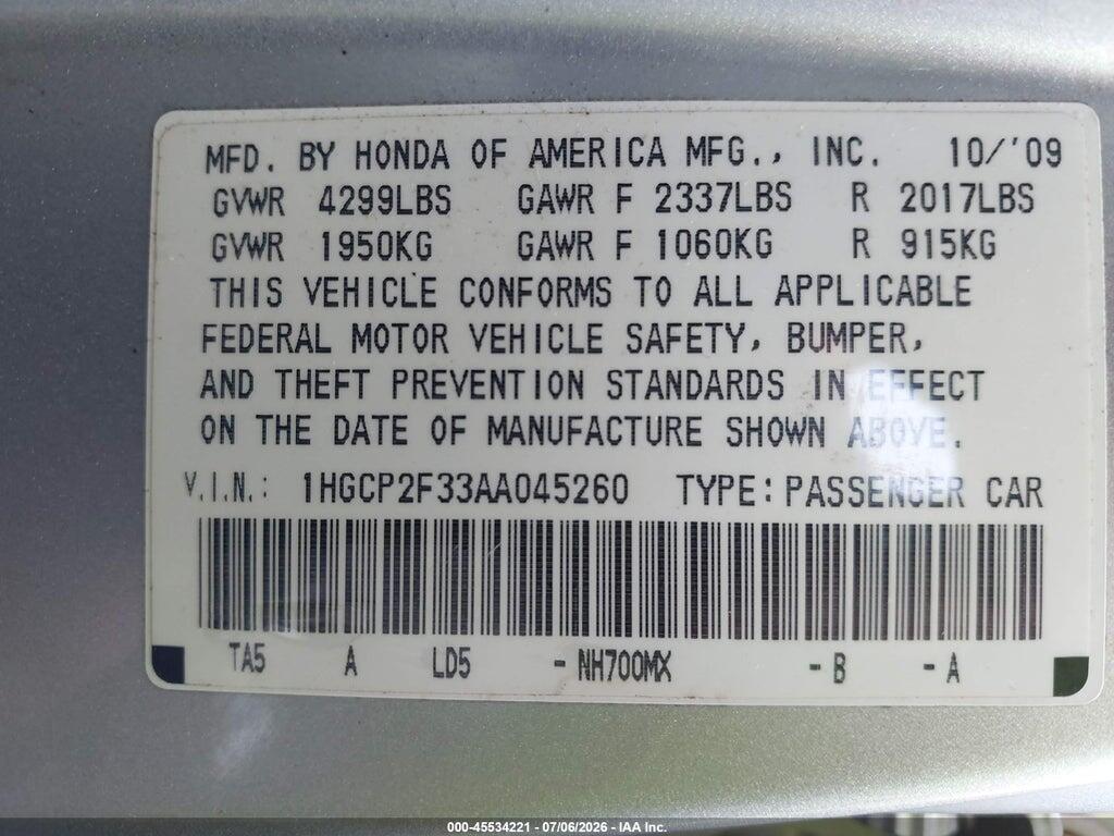1HGCP2F33AA045260 2010 HONDA ACCORD photo no. 9