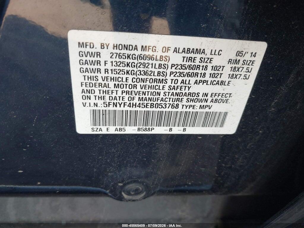 5FNYF4H45EB053768 2014 HONDA PILOT photo no. 9