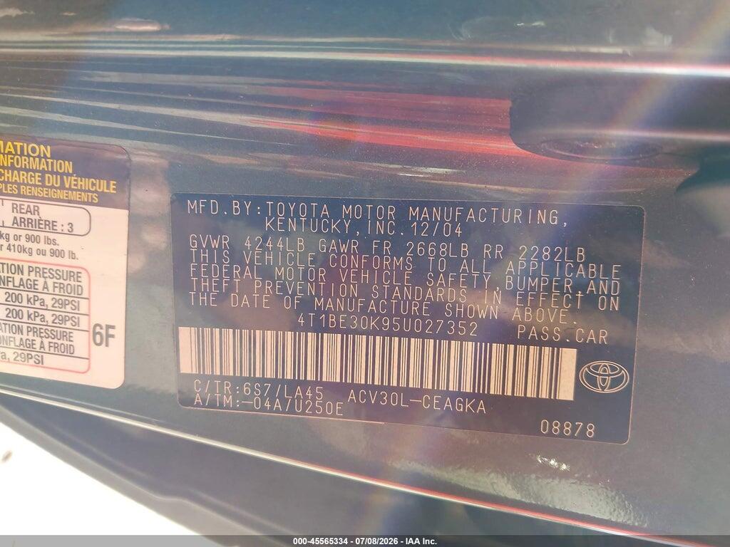 4T1BE30K95U027352 2005 TOYOTA CAMRY photo no. 9