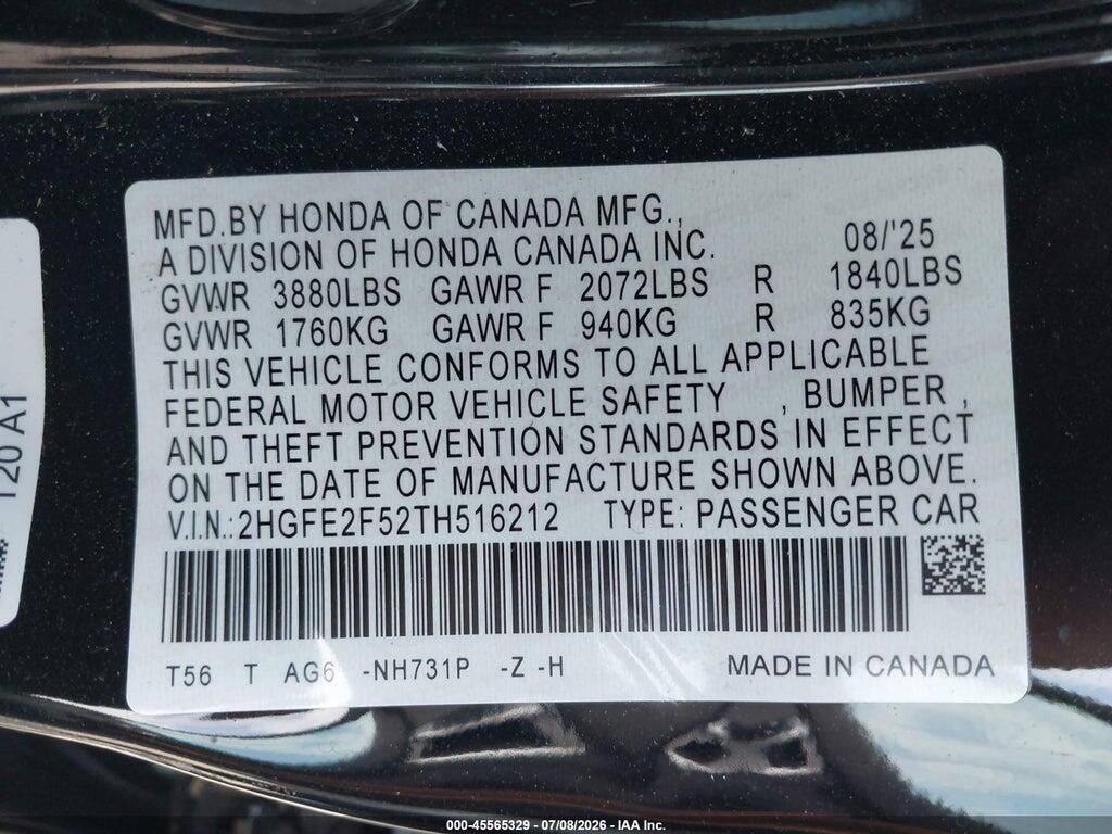 2HGFE2F52TH516212 2026 HONDA CIVIC photo no. 9