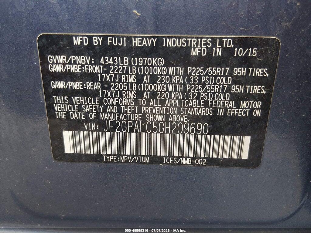 JF2GPALC5GH209690 2016 SUBARU CROSSTREK photo no. 9