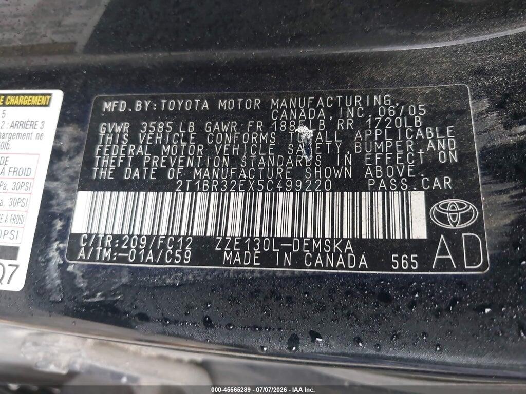 2T1BR32EX5C499220 2005 TOYOTA COROLLA photo no. 9