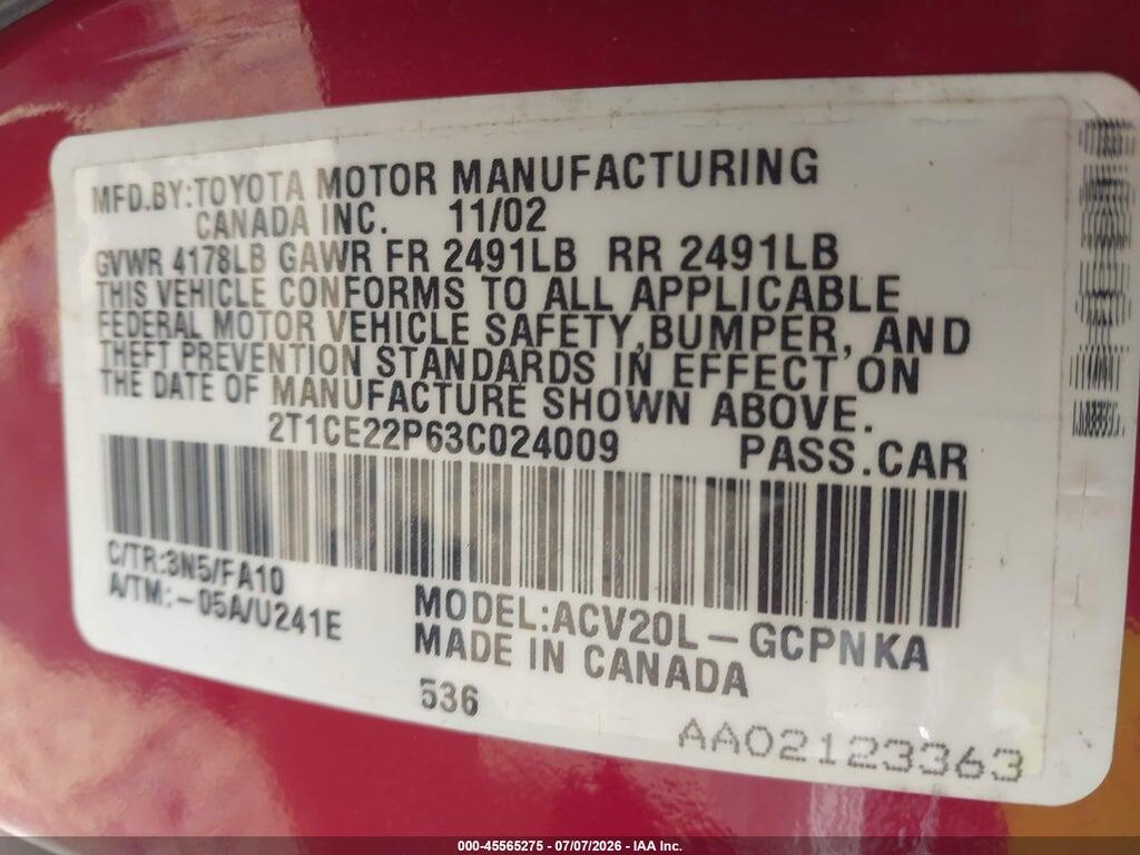 2T1CE22P63C024009 2003 TOYOTA CAMRY SOLARA photo no. 9