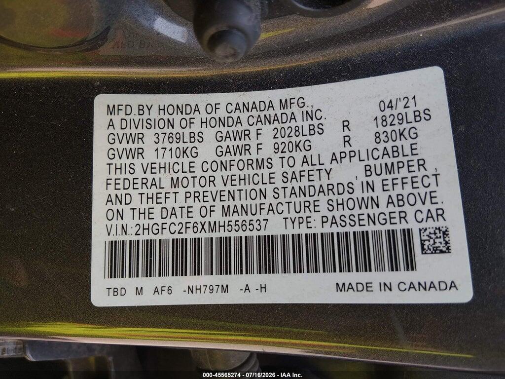 2HGFC2F6XMH556537 2021 HONDA CIVIC photo no. 9