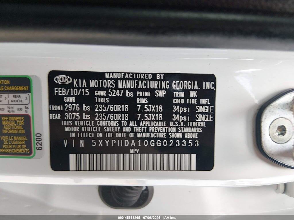 5XYPHDA10GG023353 2016 KIA SORENTO photo no. 9