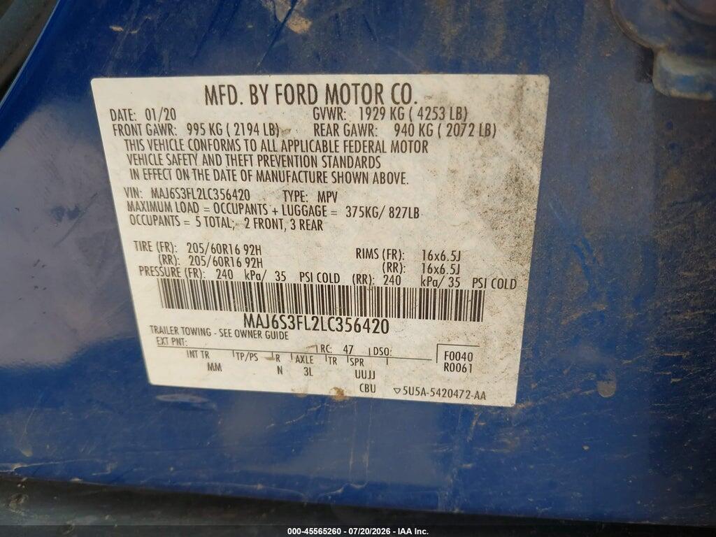 MAJ6S3FL2LC356420 2020 FORD ECOSPORT photo no. 9