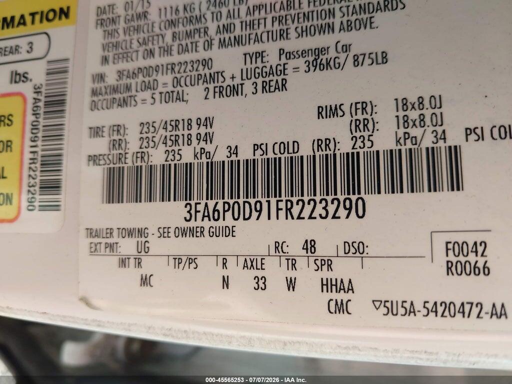 3FA6P0D91FR223290 2015 FORD FUSION photo no. 9
