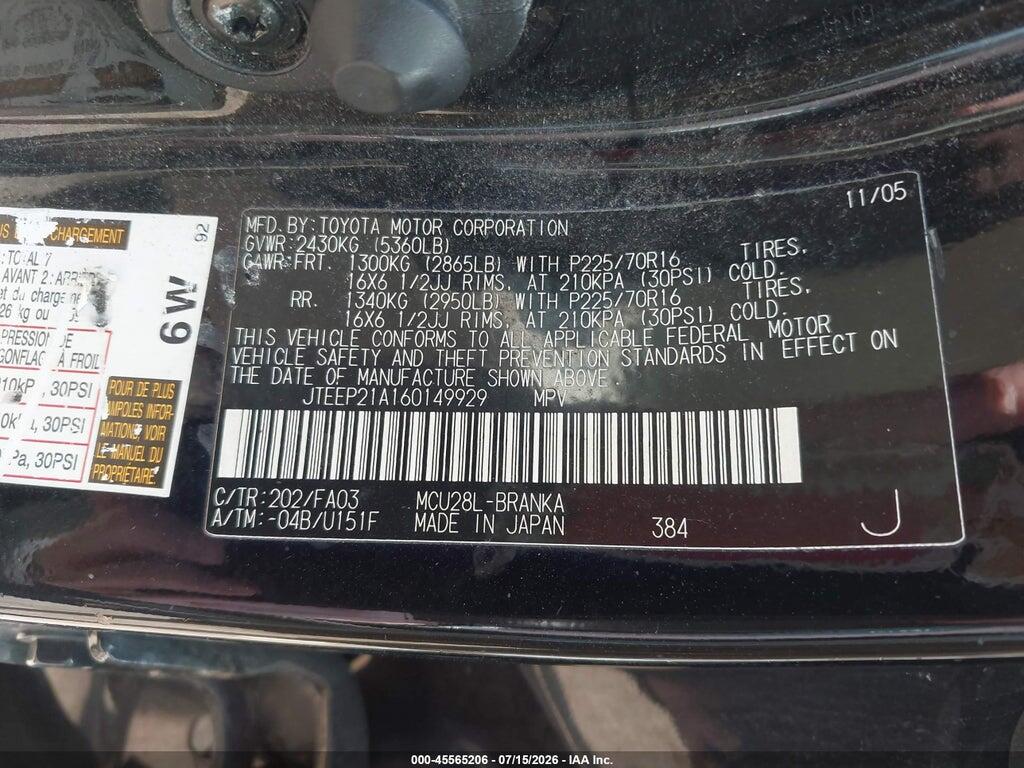 JTEEP21A160149929 2006 TOYOTA HIGHLANDER photo no. 9