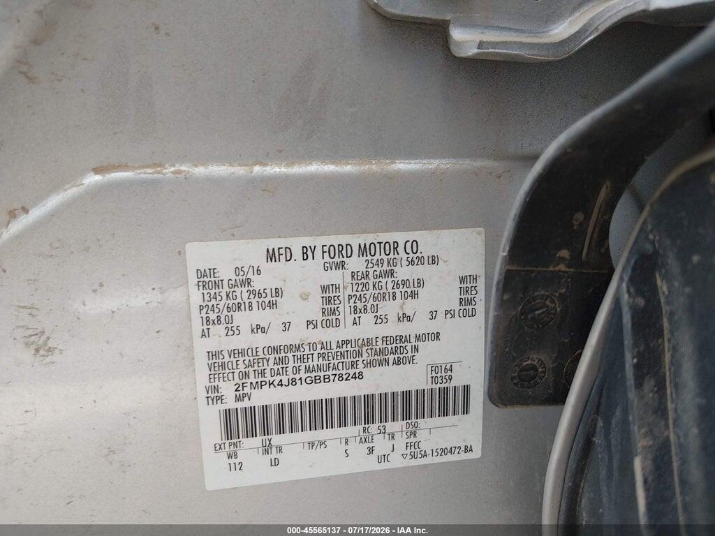 2FMPK4J81GBB78248 2016 FORD EDGE photo no. 9