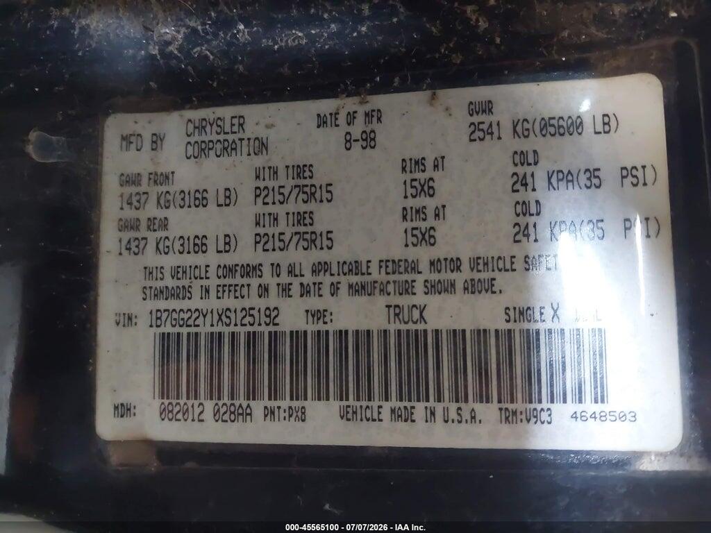 1B7GG22Y1XS125192 1999 DODGE DAKOTA photo no. 9
