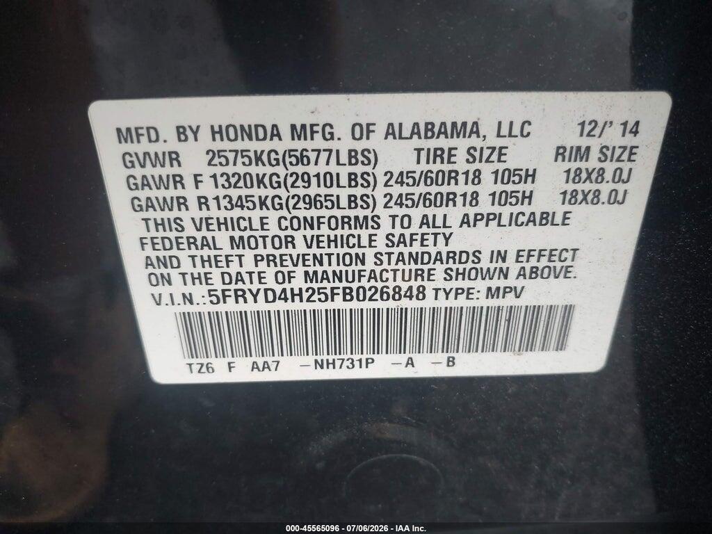 5FRYD4H25FB026848 2015 ACURA MDX photo no. 9