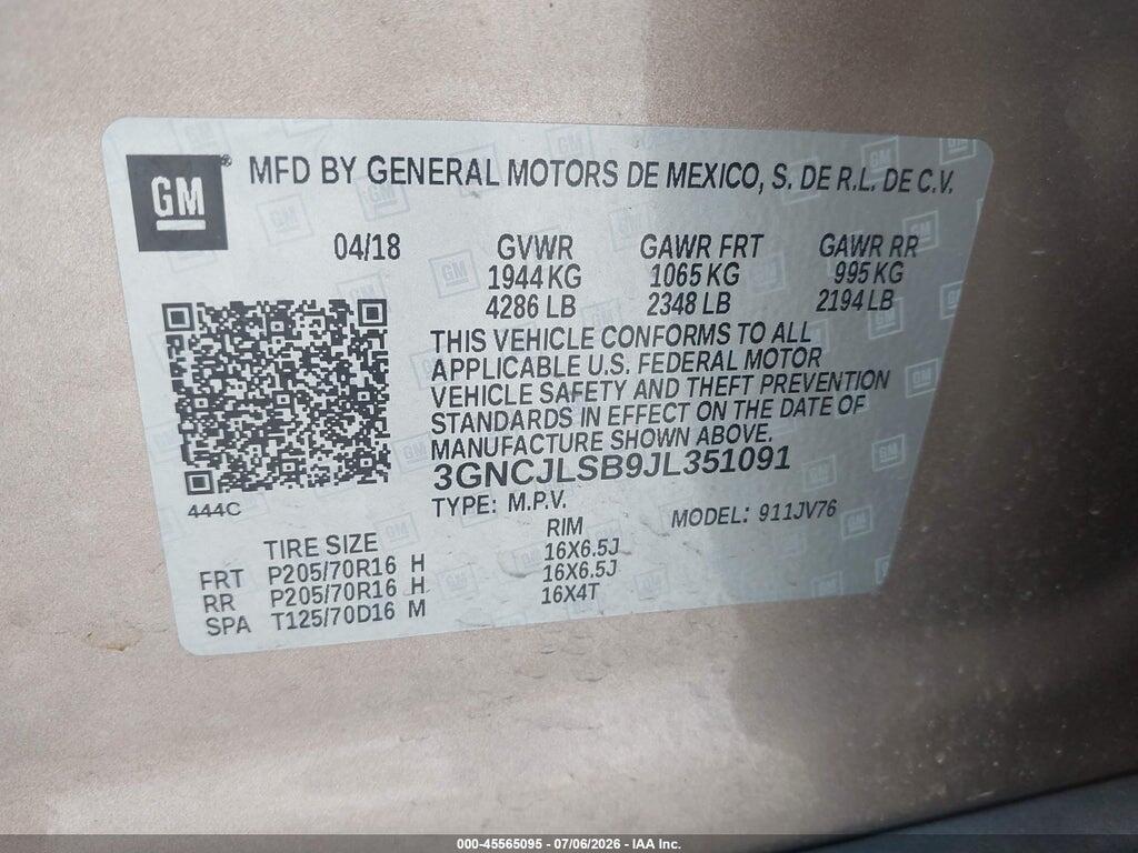 3GNCJLSB9JL351091 2018 CHEVROLET TRAX photo no. 9