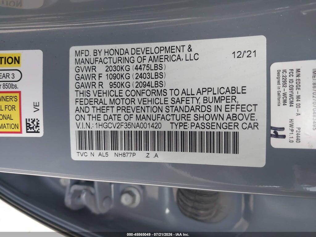 1HGCV2F35NA001420 2022 HONDA ACCORD photo no. 9