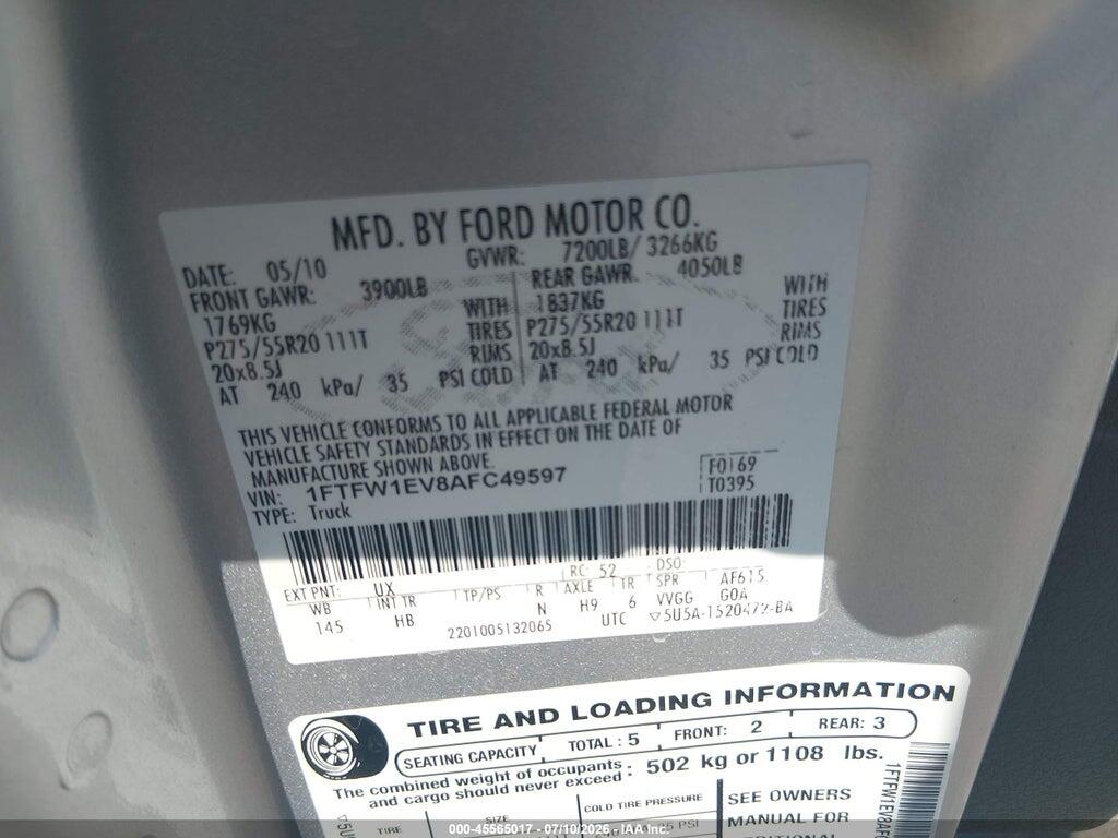 1FTFW1EV8AFC49597 2010 FORD F-150 photo no. 9