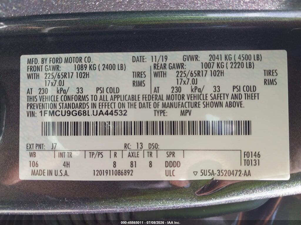 1FMCU9G68LUA44532 2020 FORD ESCAPE photo no. 9