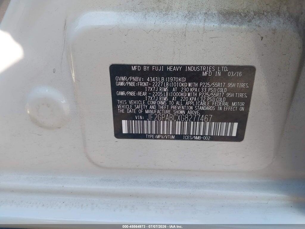 JF2GPABCXG8277467 2016 SUBARU CROSSTREK photo no. 9