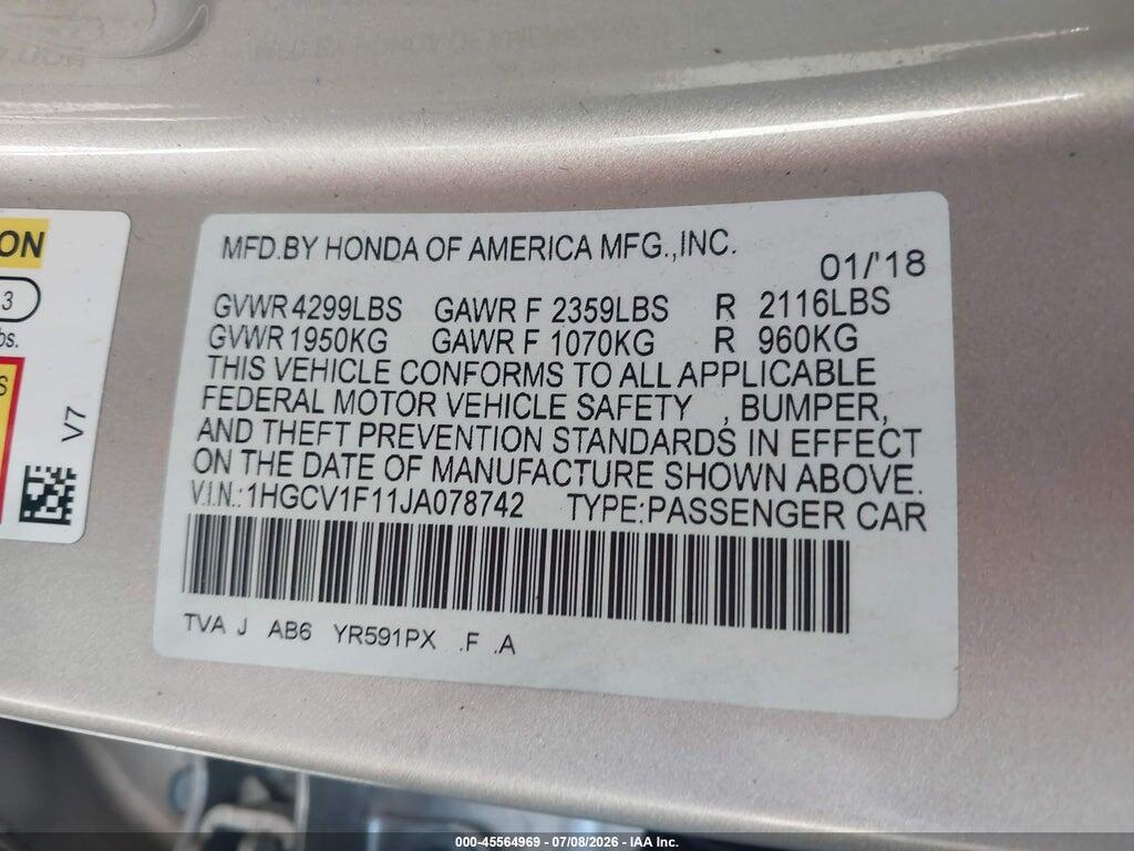 1HGCV1F11JA078742 2018 HONDA ACCORD photo no. 9