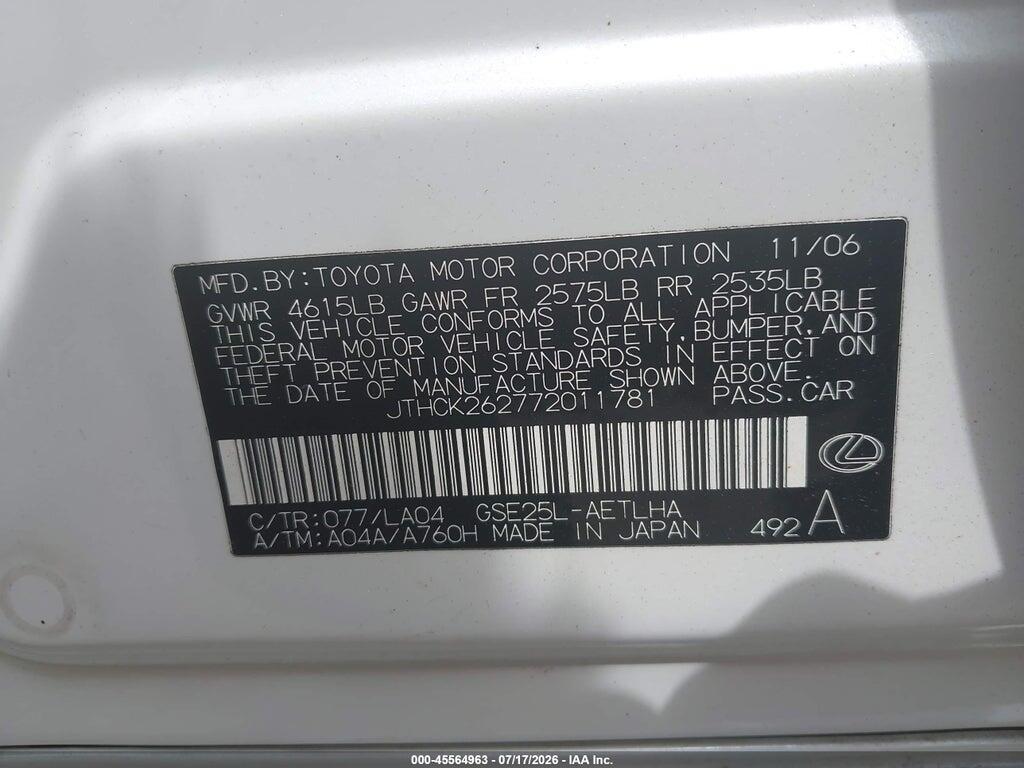 JTHCK262772011781 2007 LEXUS IS 250 photo no. 9