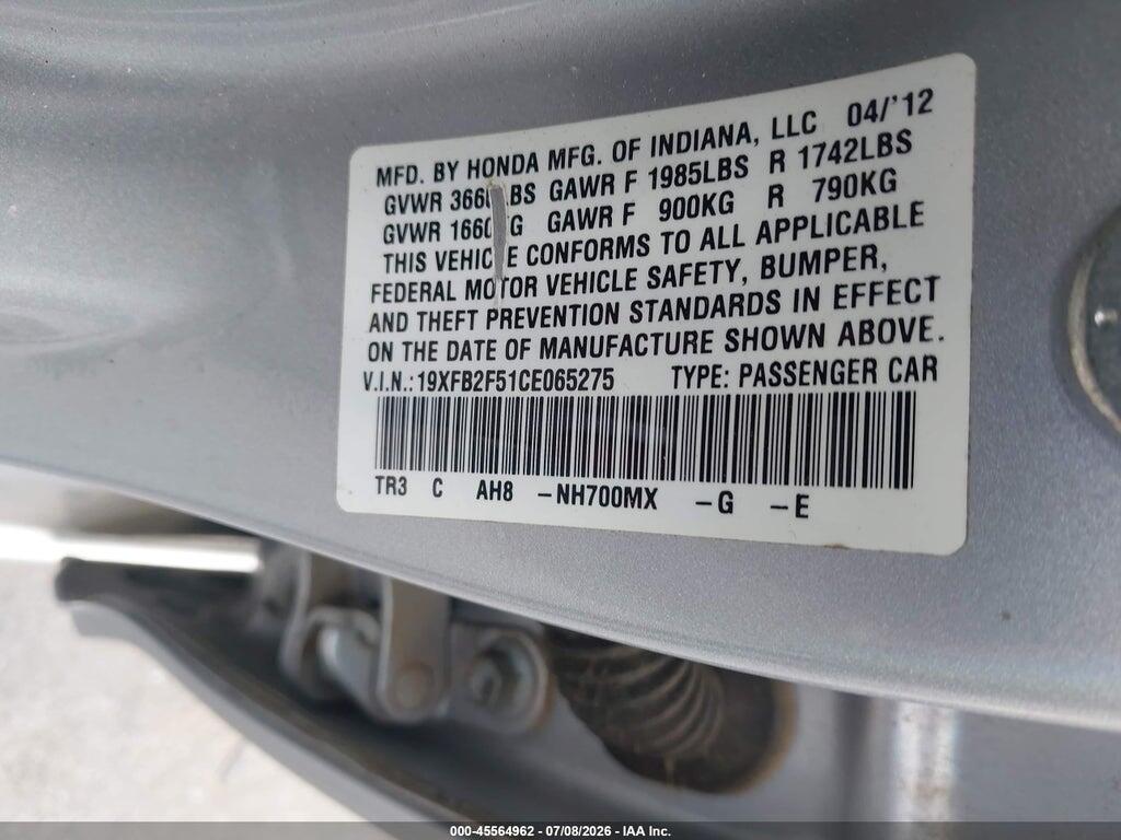 19XFB2F51CE065275 2012 HONDA CIVIC photo no. 9
