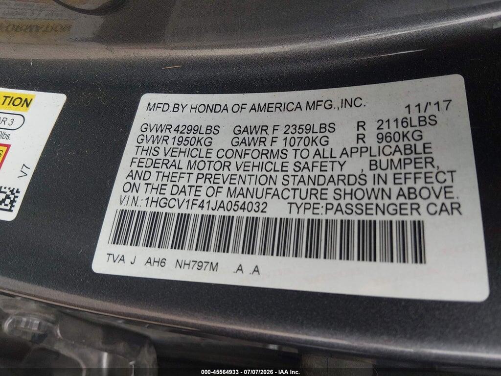 1HGCV1F41JA054032 2018 HONDA ACCORD photo no. 9