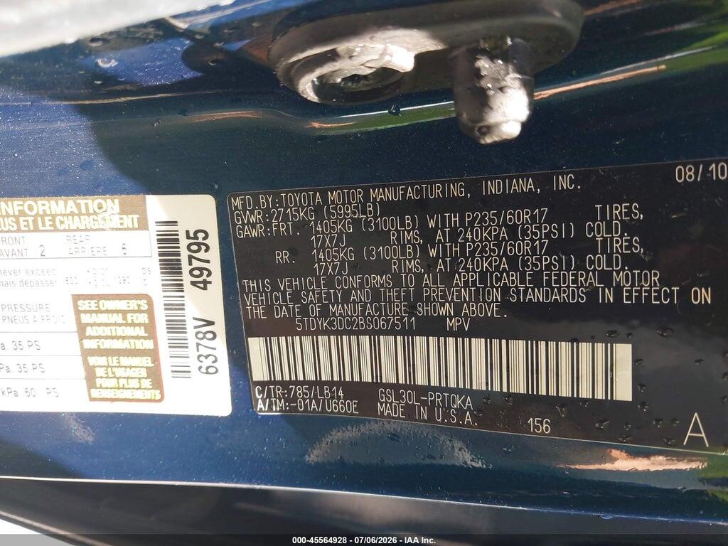 5TDYK3DC2BS067511 2011 TOYOTA SIENNA photo no. 9
