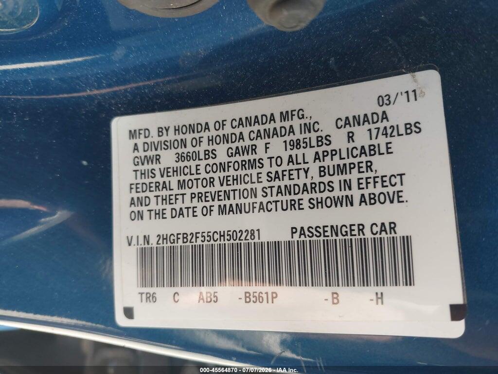 2HGFB2F55CH502281 2012 HONDA CIVIC photo no. 9