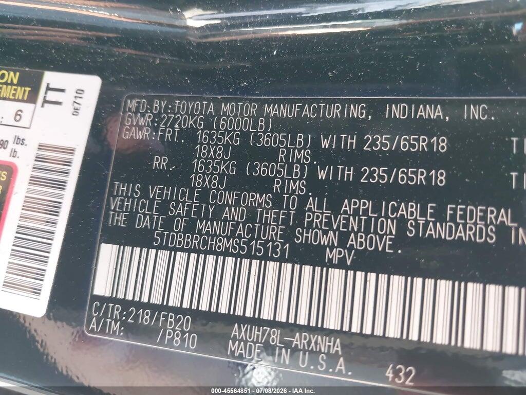 5TDBBRCH8MS515131 2021 TOYOTA HIGHLANDER photo no. 9