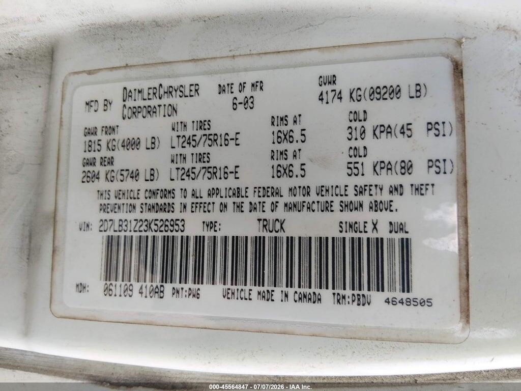 2D7LB31Z23K526953 2003 DODGE RAM VAN 3500 photo no. 9